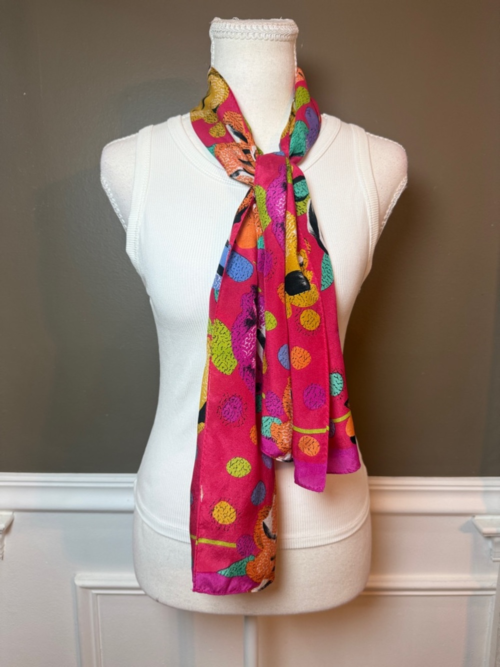 Jones New York Vintage Y2K‎ Silk Scarf Pink Floral Polka Dot 51x11